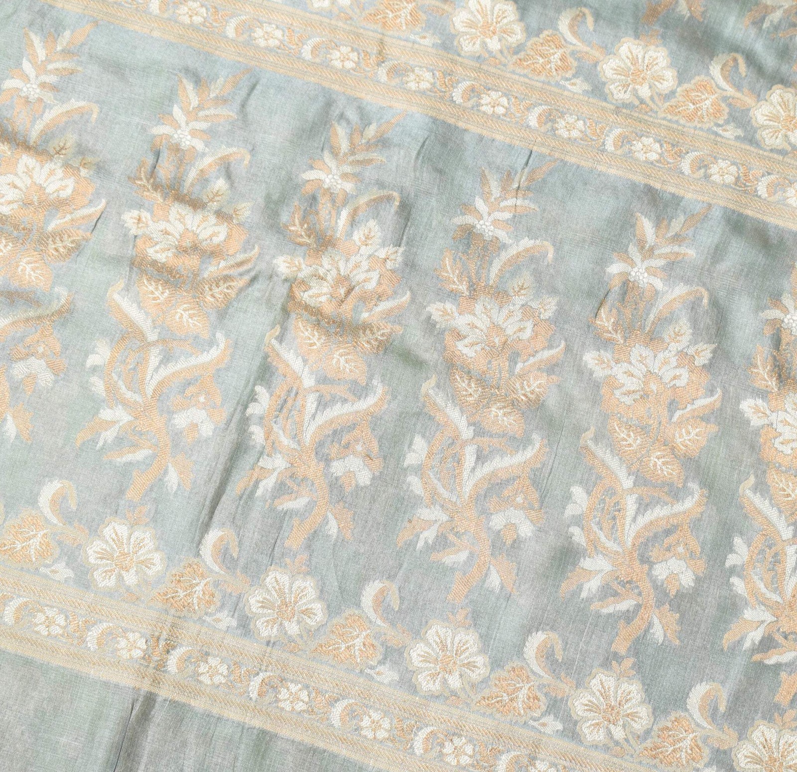Sushila Vintage Green & Gray Saree Floral Woven 100%Pure Tussar Silk Sari Fabric