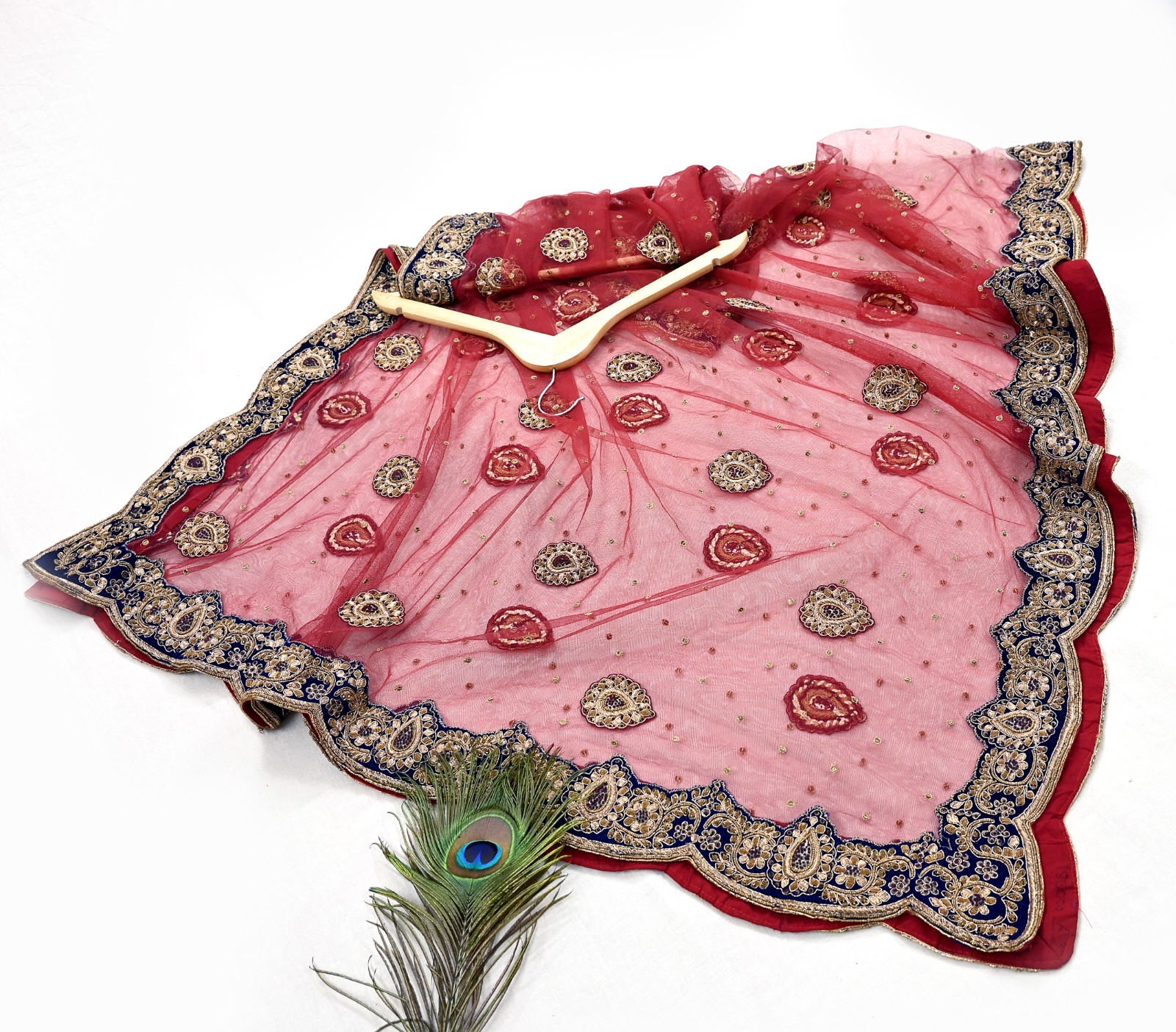 Heavy Red Raw Silk/Net Hand Embroidered Lehenga 3pcs Set By Designer Sabyasachi