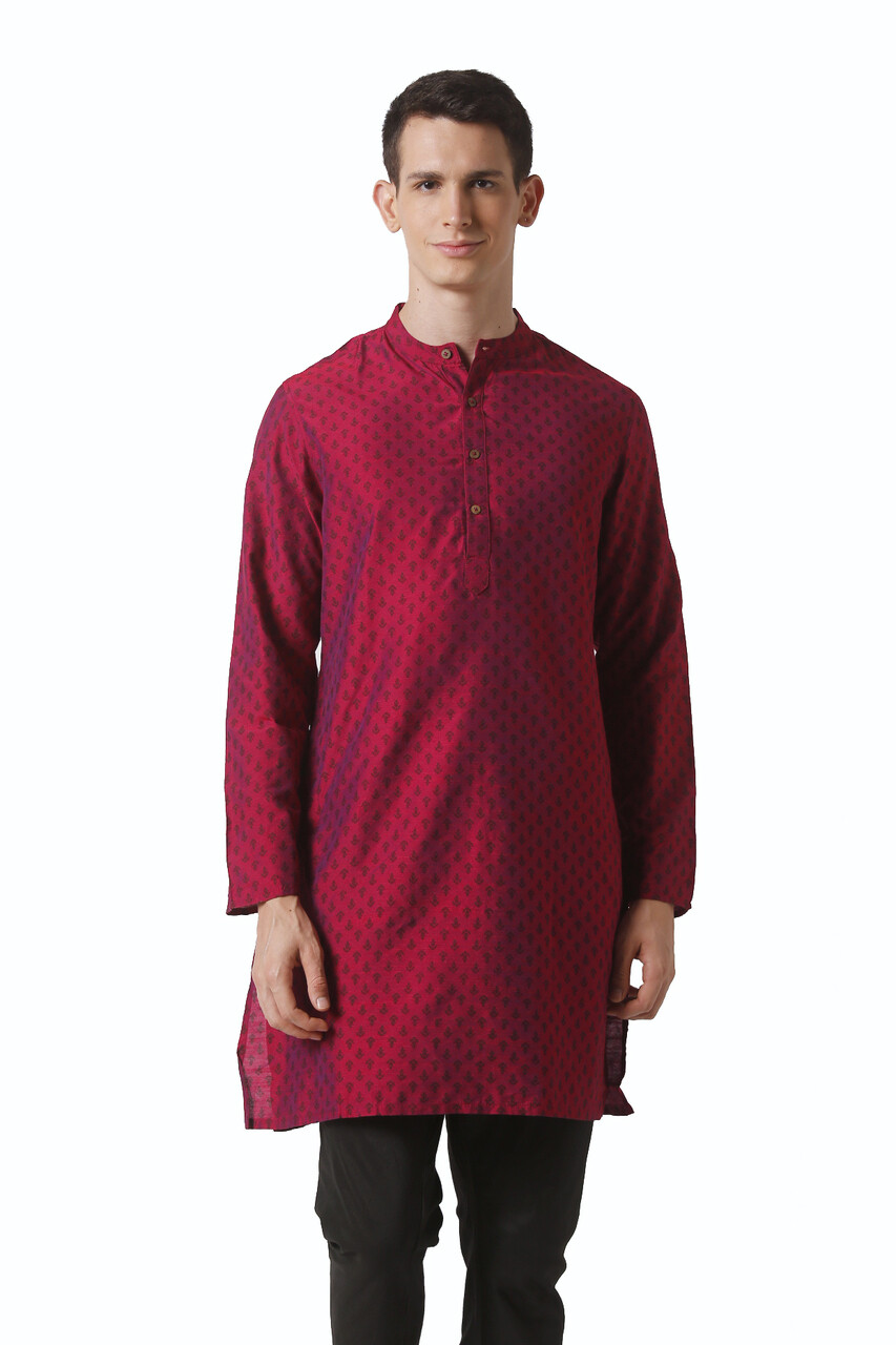In-Sattva Men’s Mandarin Collar Micro Dobby Fine Print Magenta Kurta Tunic