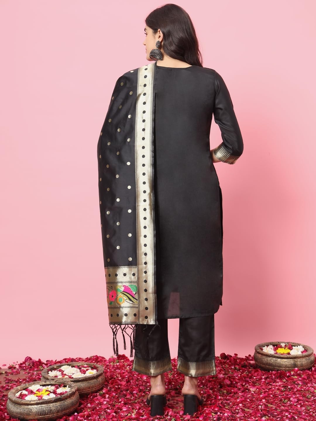 Women’s Cotton Silk Jacquard Straight Kurta with Pant & Banarasi Silk Dupatta