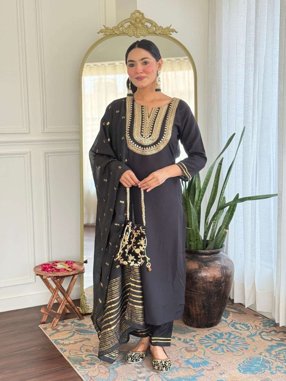Women’s Black Embroidered Cotton Slub Fabric Straight Kurta, Pant and Dupatta