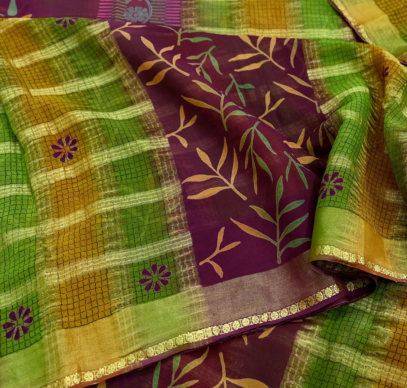 Vintage Sari Maroon & Green Pure Georgette Silk Printed Saree Craft Fabric Zari
