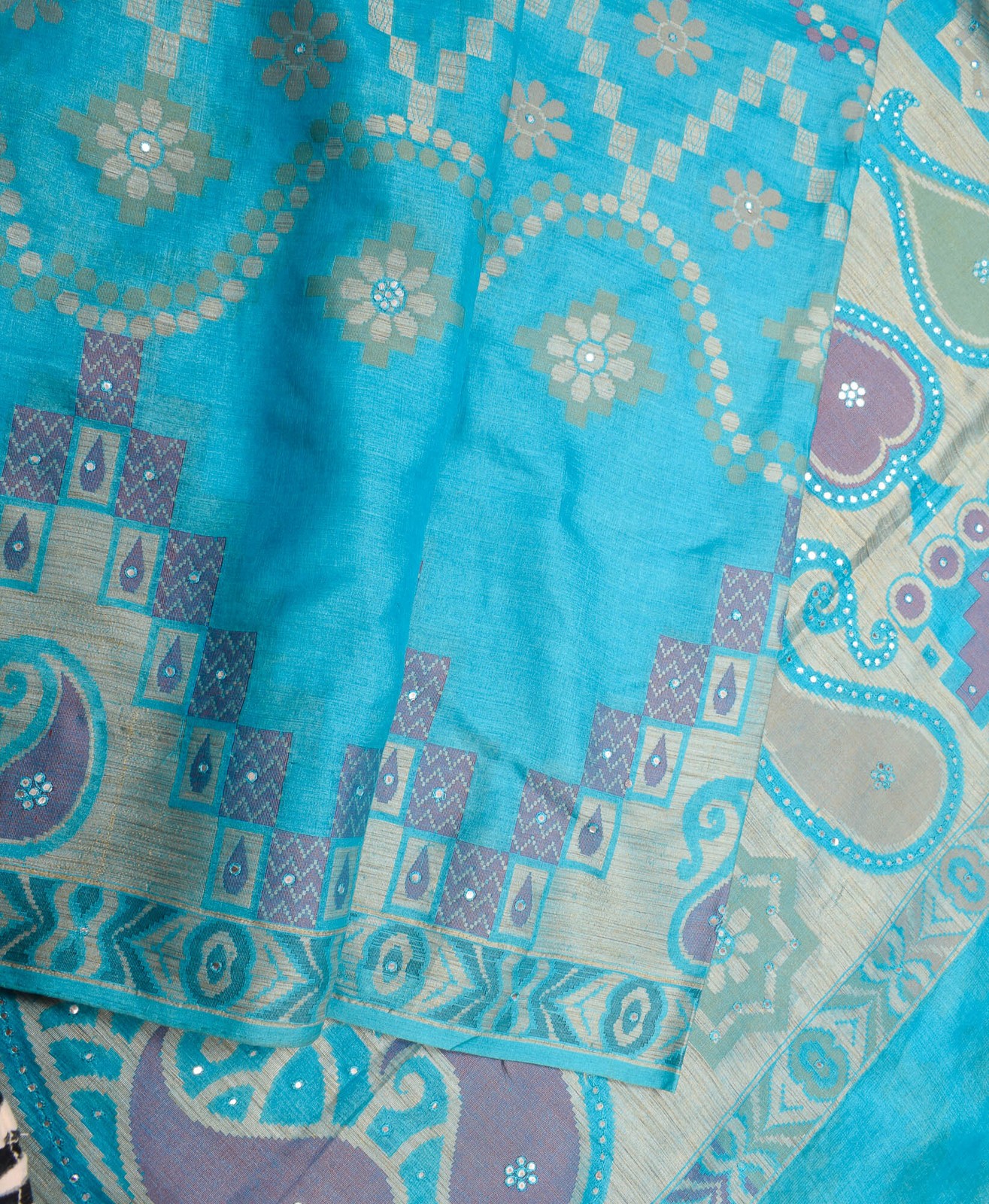 Sushila Vintage Turquoise Blue Saree Woven Mirror Work Pure Tussar Sari Craft Fa