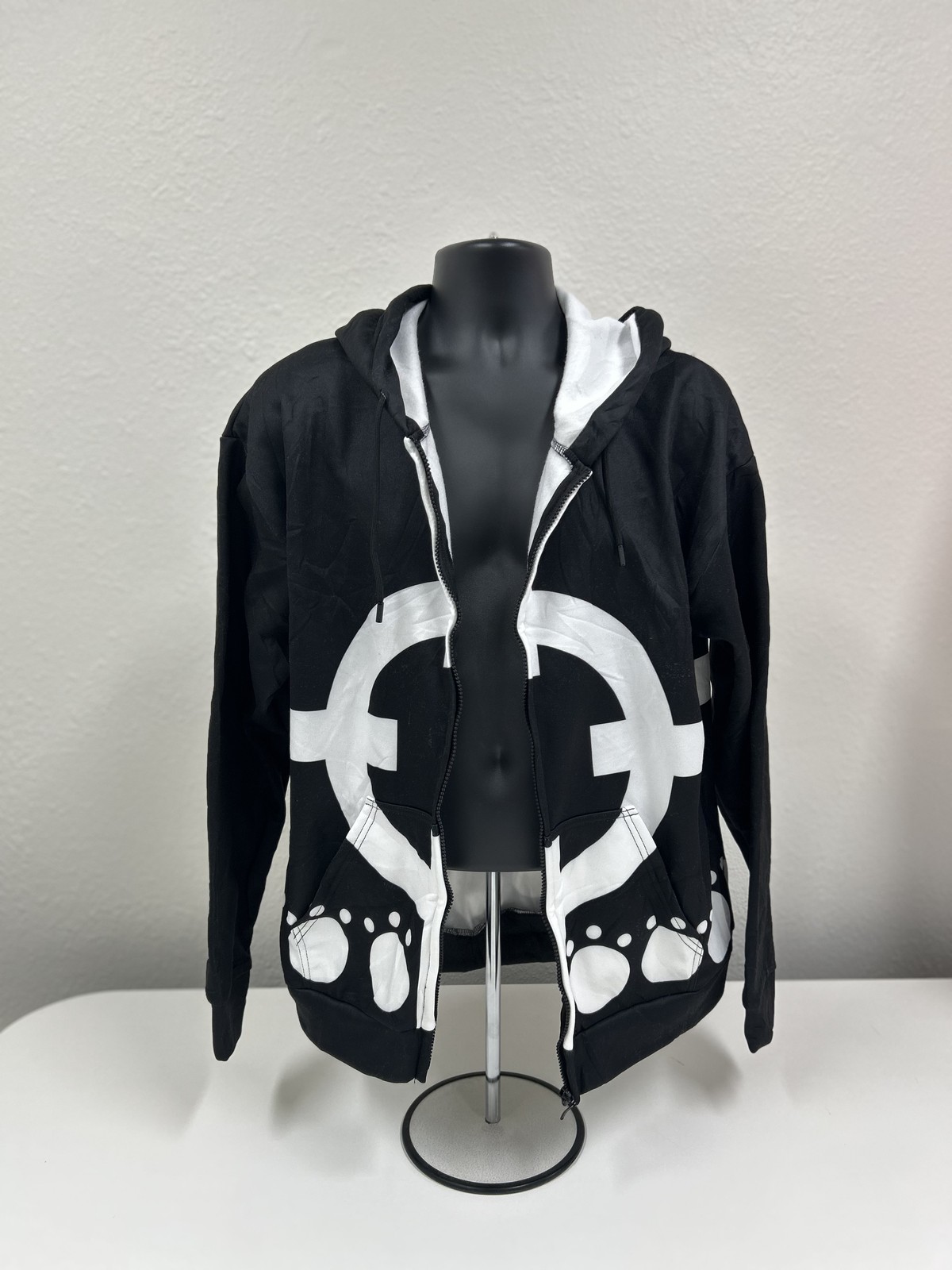Black White Anime Paw Print Full Zip Hoodie Size L Furry Cosplay Streetwear