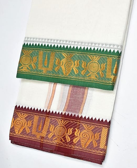 Men’s White Dhoti with Angavasthram Towel Cotton, Off White Size: 9 X 5