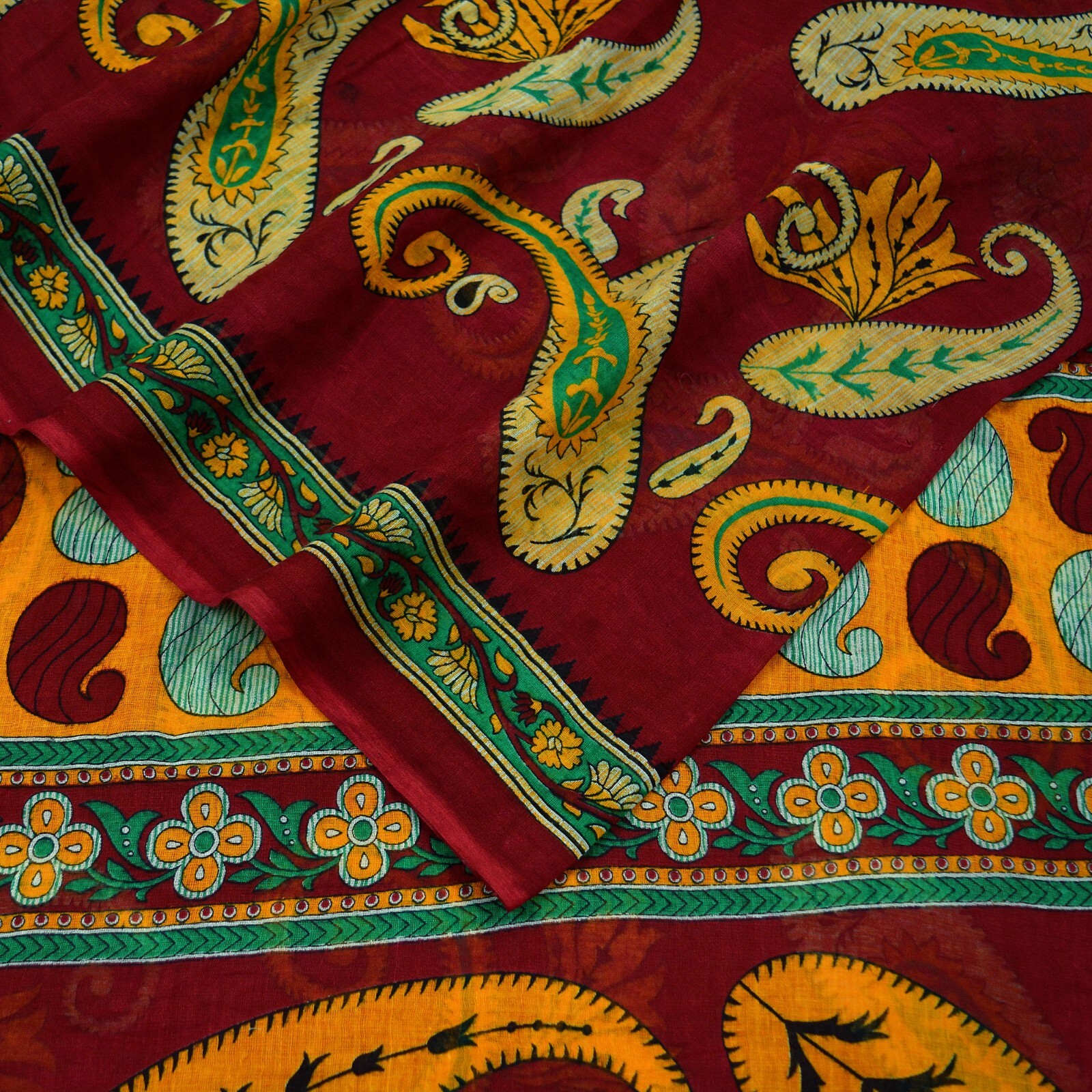 Indian Vintage Dark Red Saree Printed Pure Cotton Sari Craft Fabric 5Yd Sarong