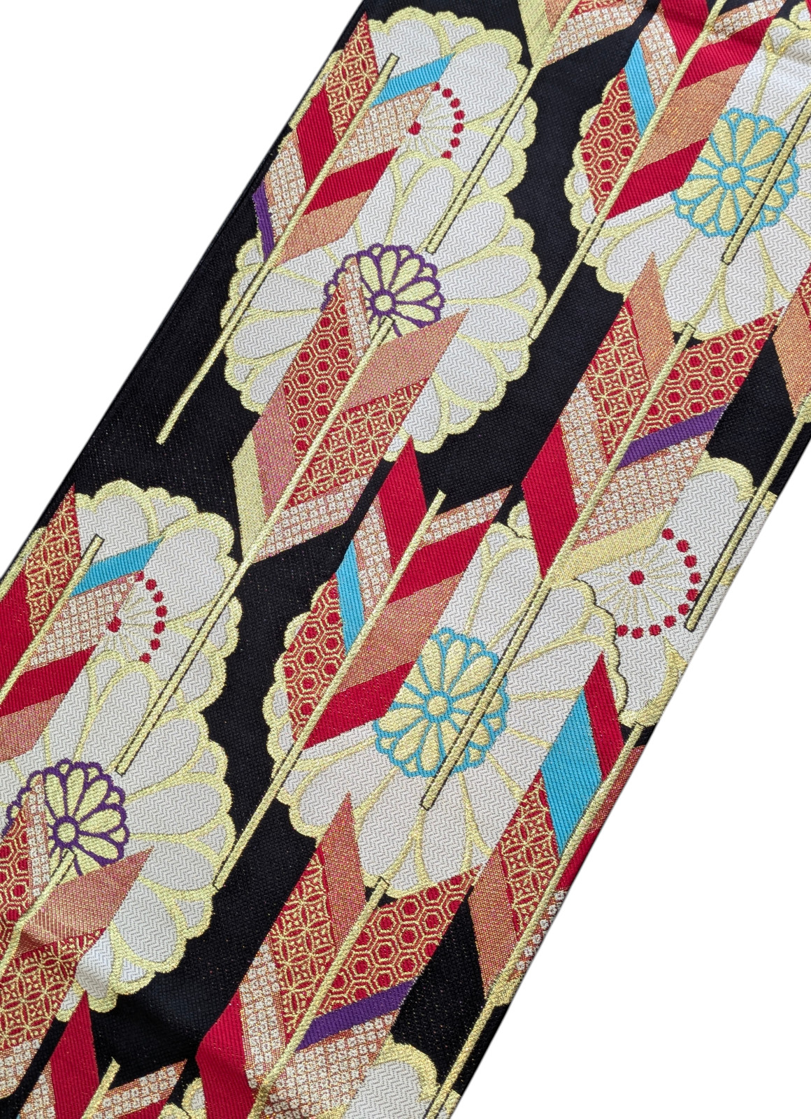 Authentic Japanese Kimono Silk Furisode Obi Black Gold Arrows Floral Textile Art