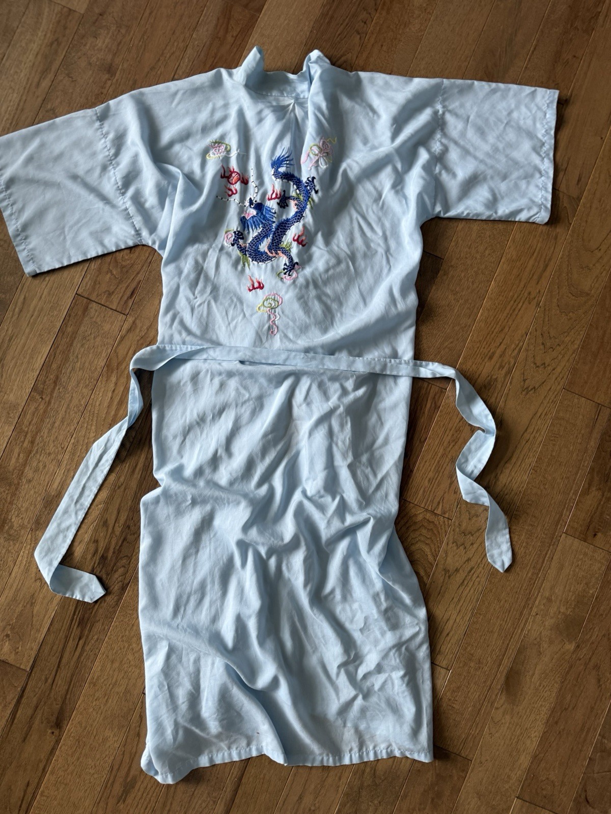 Health Label Vintage 1960s Dragon Asian Light Blue Embroidered Kimono Robe