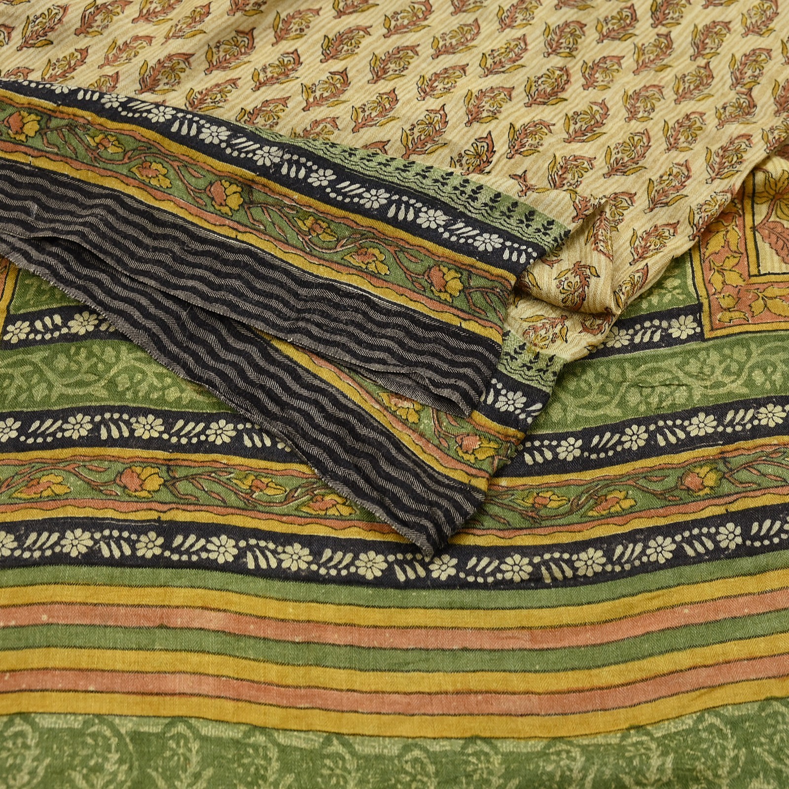 Vintage Green Beige Wool Saree Indian Pure Woolen Woven Floral Fabric 6 Yd Soft