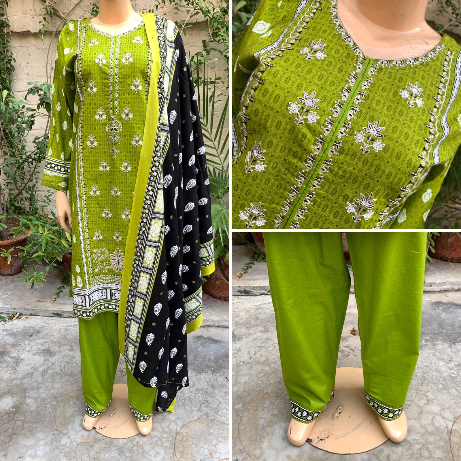 Pakistani Lime Green Printed Straight Shirt 3-PCS Lawn Suit w/ Threadwork ,L
