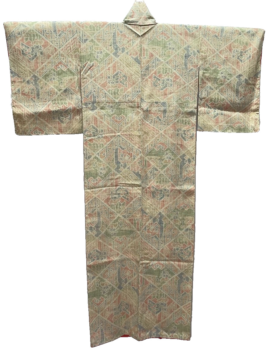 Vintage Tsumugi Kimono Silk Handwoven Geometric Pattern Japan Traditional Awase