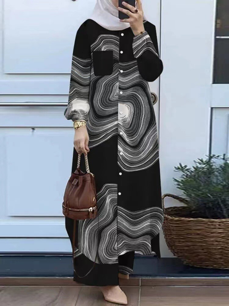 Muslim Print Long Robe Arab Women Burqa Islamic Abaya Casual Shirt Pants Set