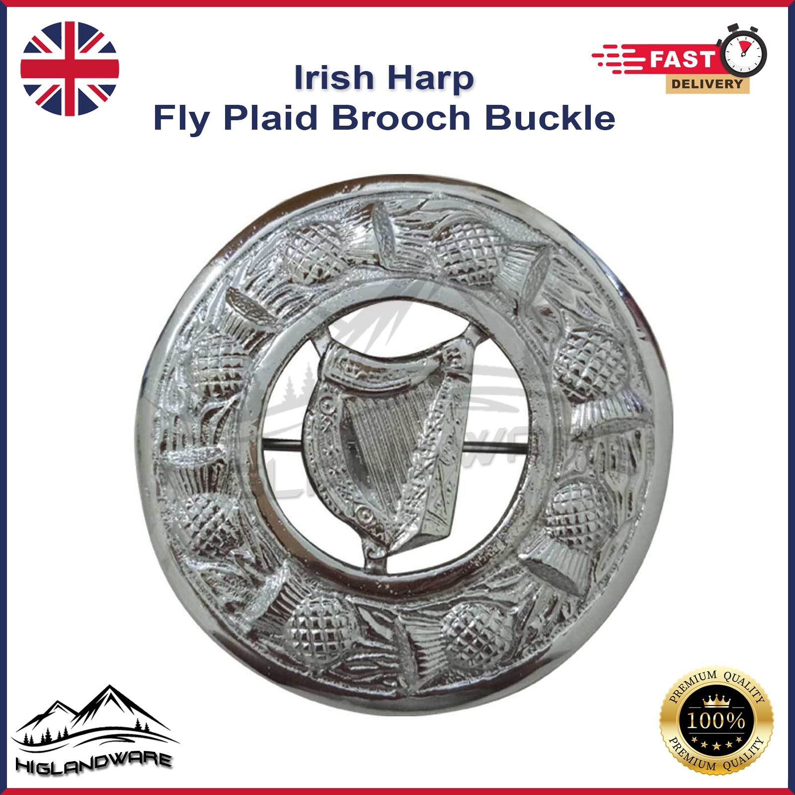 Great Highland Wear Kilt Dress Fly Plaid Brooch Buckle Irish Harp Design Silver