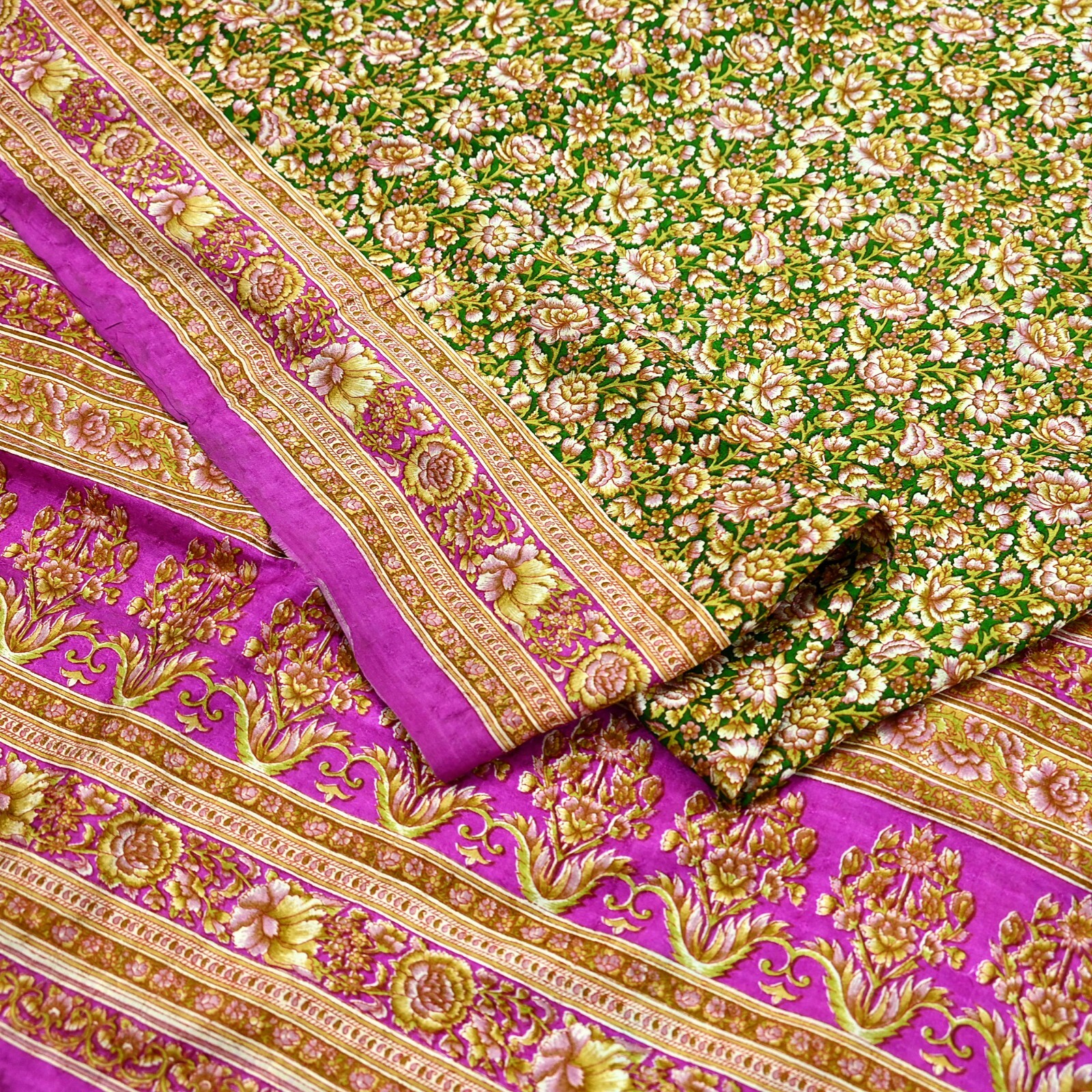 Vintage Sari Purple & Green Pure Silk Printed Saree Craft Fabric 6yd Sewing Soft