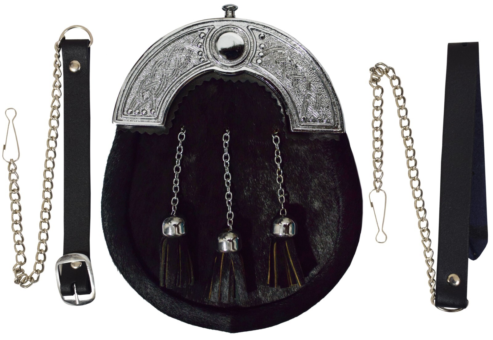 SCOTTISH FULL DRESS SPORRAN BLACK CALF SKIN WITH TASSELS & CHROME CANTLE