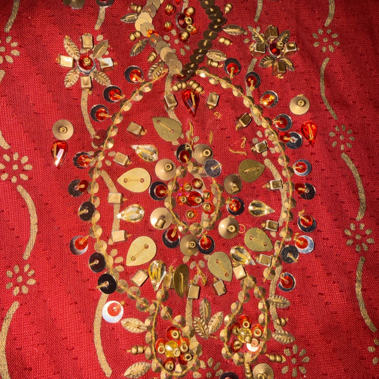 Dark Red Velvet 3/4 Sleeve Tunic Gold Metallic Thread Embroidery Boho Top Size 2