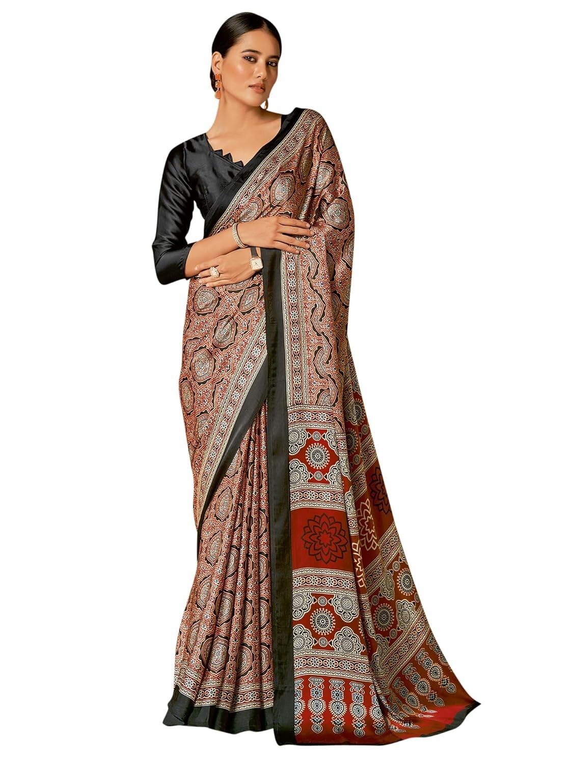 Women’s Brown Digital Print Satin Crepe Saree With Unstitched Blouse Piece