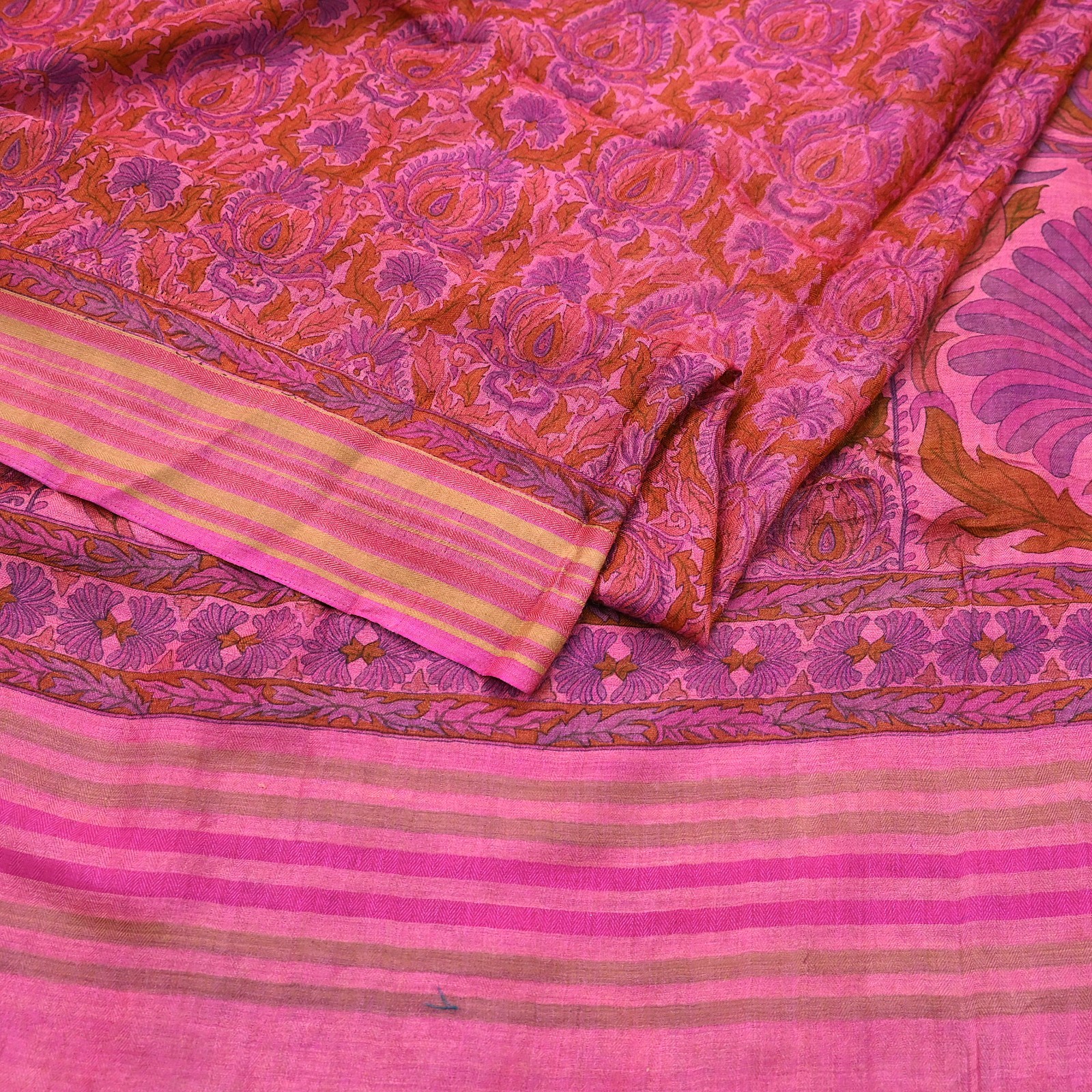 Vintage Peach & Pink Wool Saree Indian Pure Woolen Woven Floral Fabric 5 Yd Soft