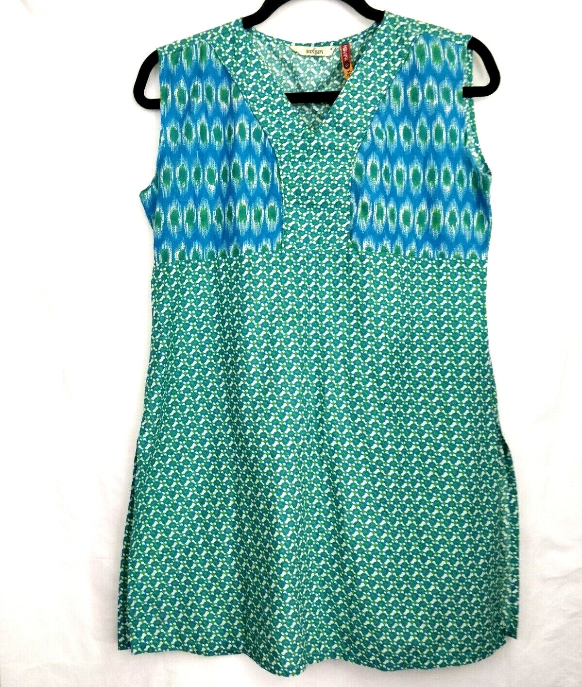 Karigari green Fine Indian Cotton Turquoise Kaftan Kurta Kurti Sz M