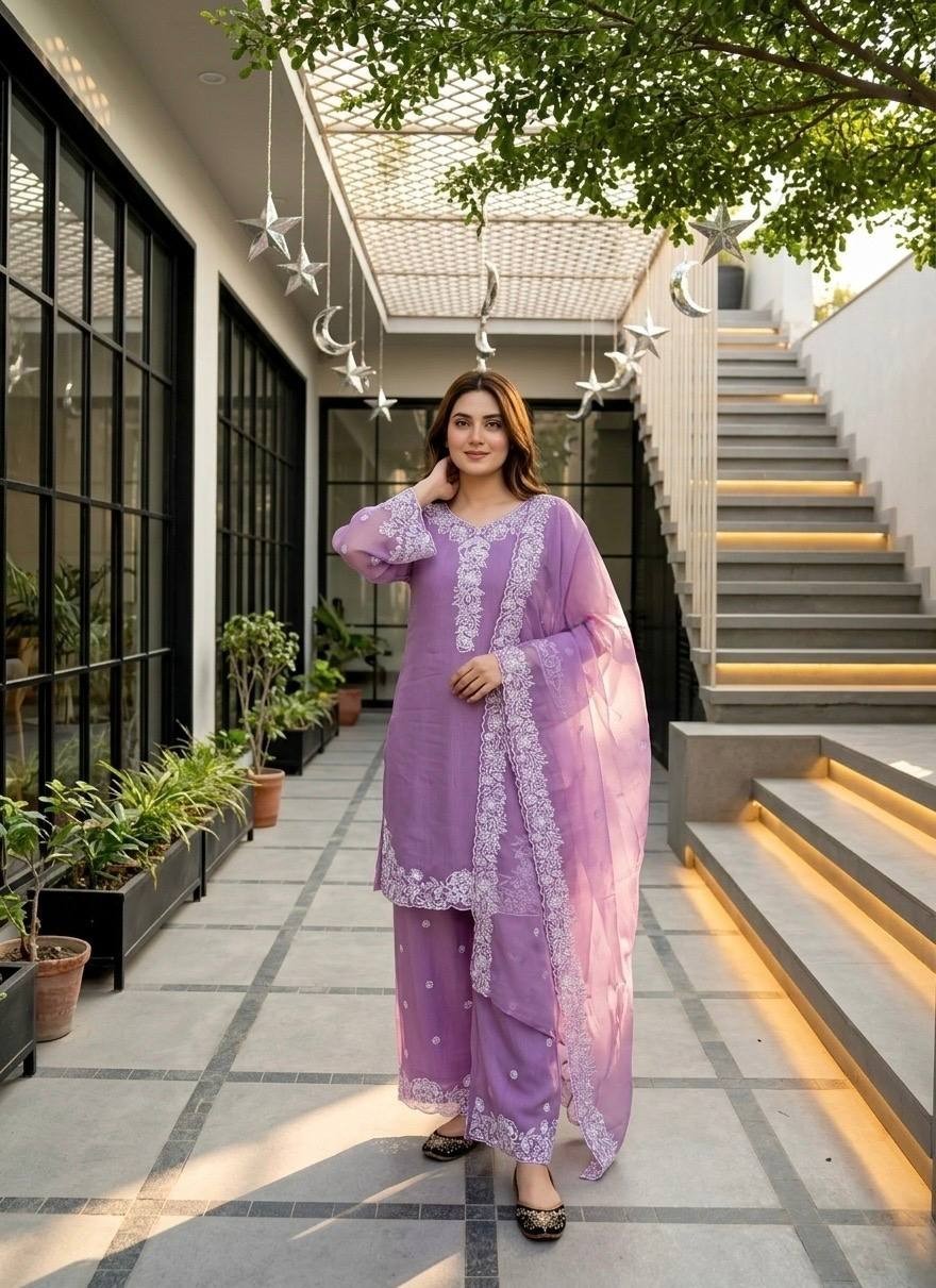 Designer Lavender Mal Chanderi Top Palazzo With Dupatta For Women & Girls