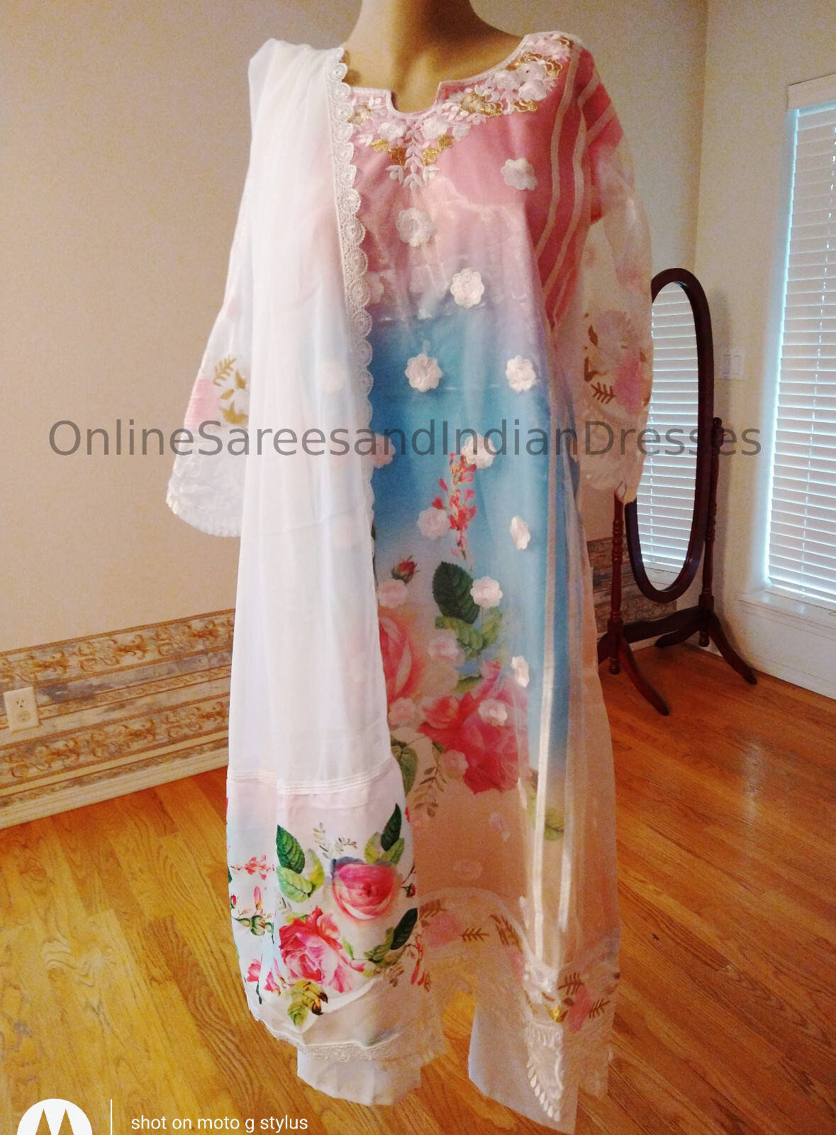 Floral design in White Indian Straight cut Salwar Dress. US Seller