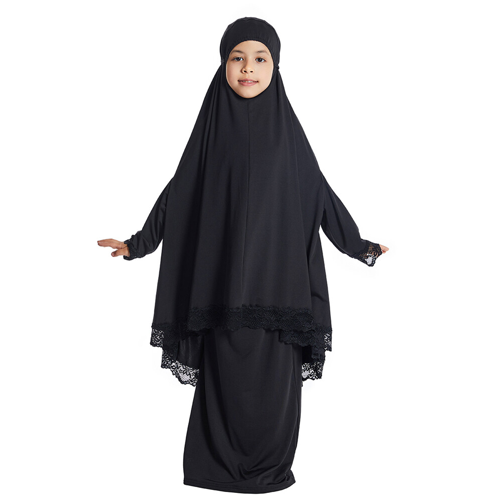 Two Piece Girls Kids Overhead Khimar Hijab Skirt Set Muslim Girls Prayer Dress