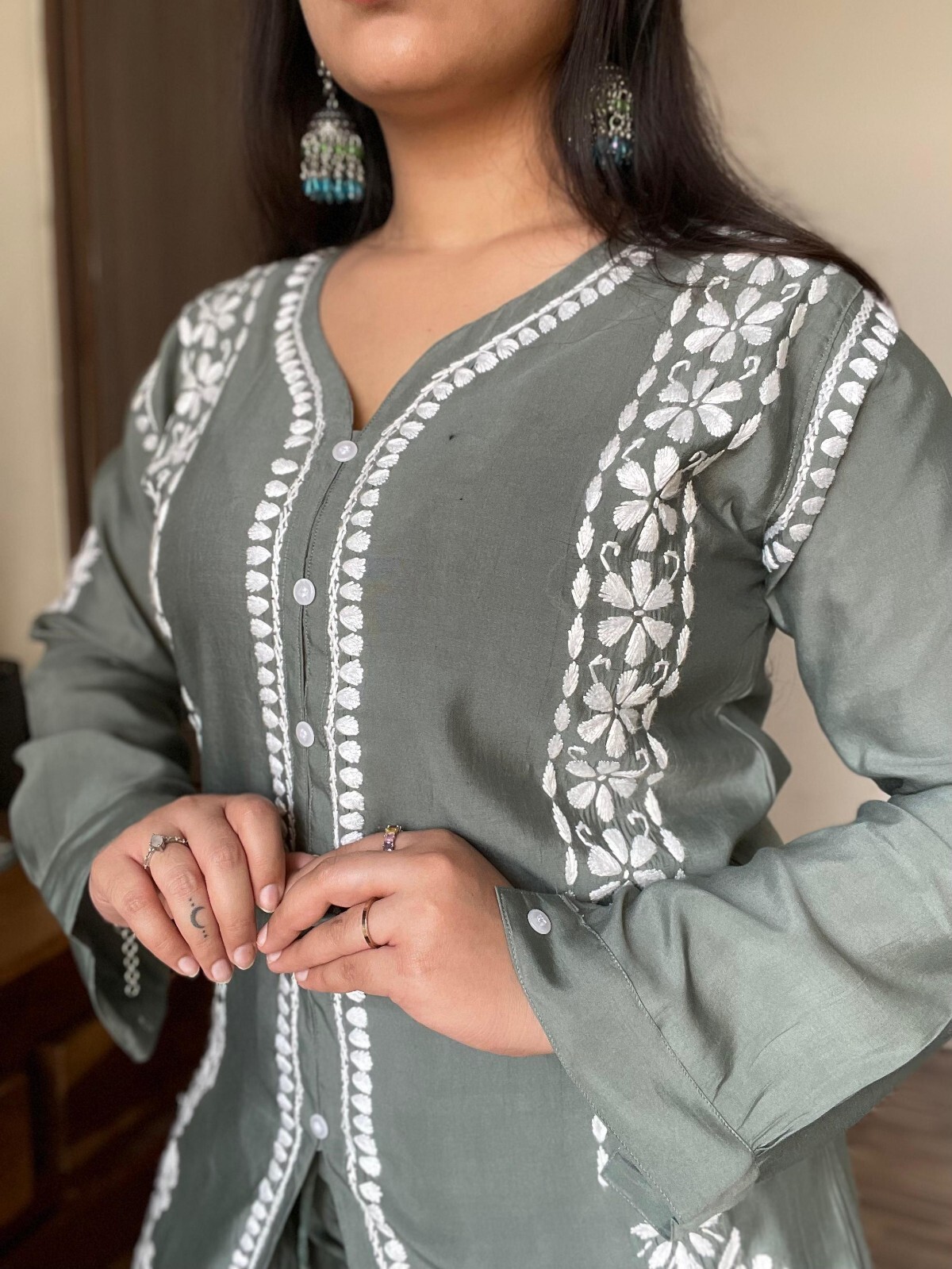 WOMEN CHANDERI SILK COLORED DESIGNER TULIP CORD SET WITH PREMIUM EMBROIDERY