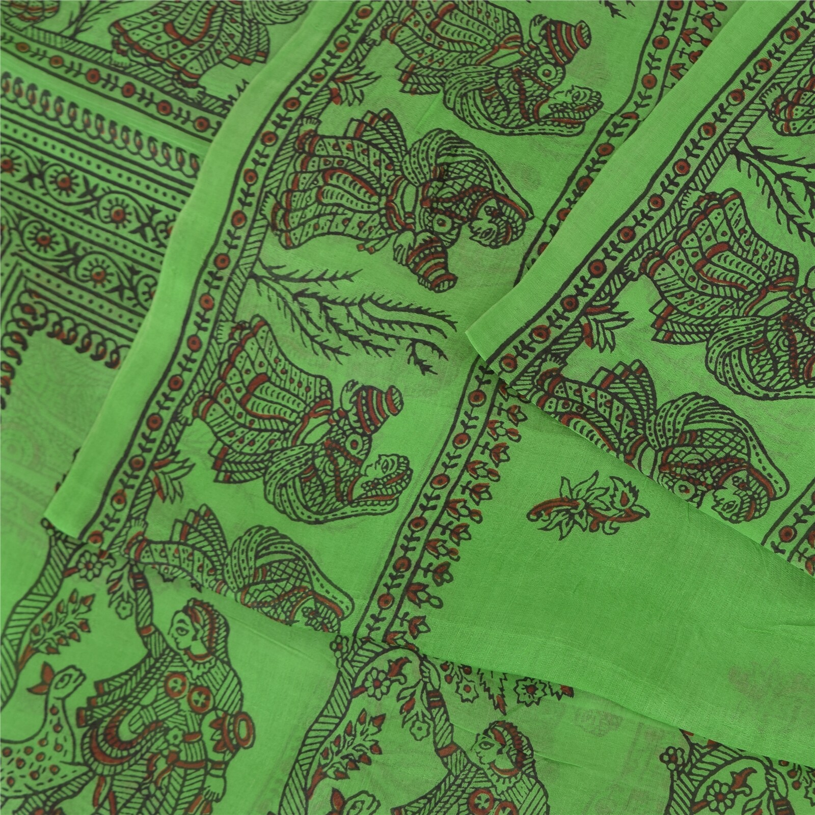 Sanskriti Vintage Sarees Green Pure Silk Women Printed Sari 5Yd Craft Fabric