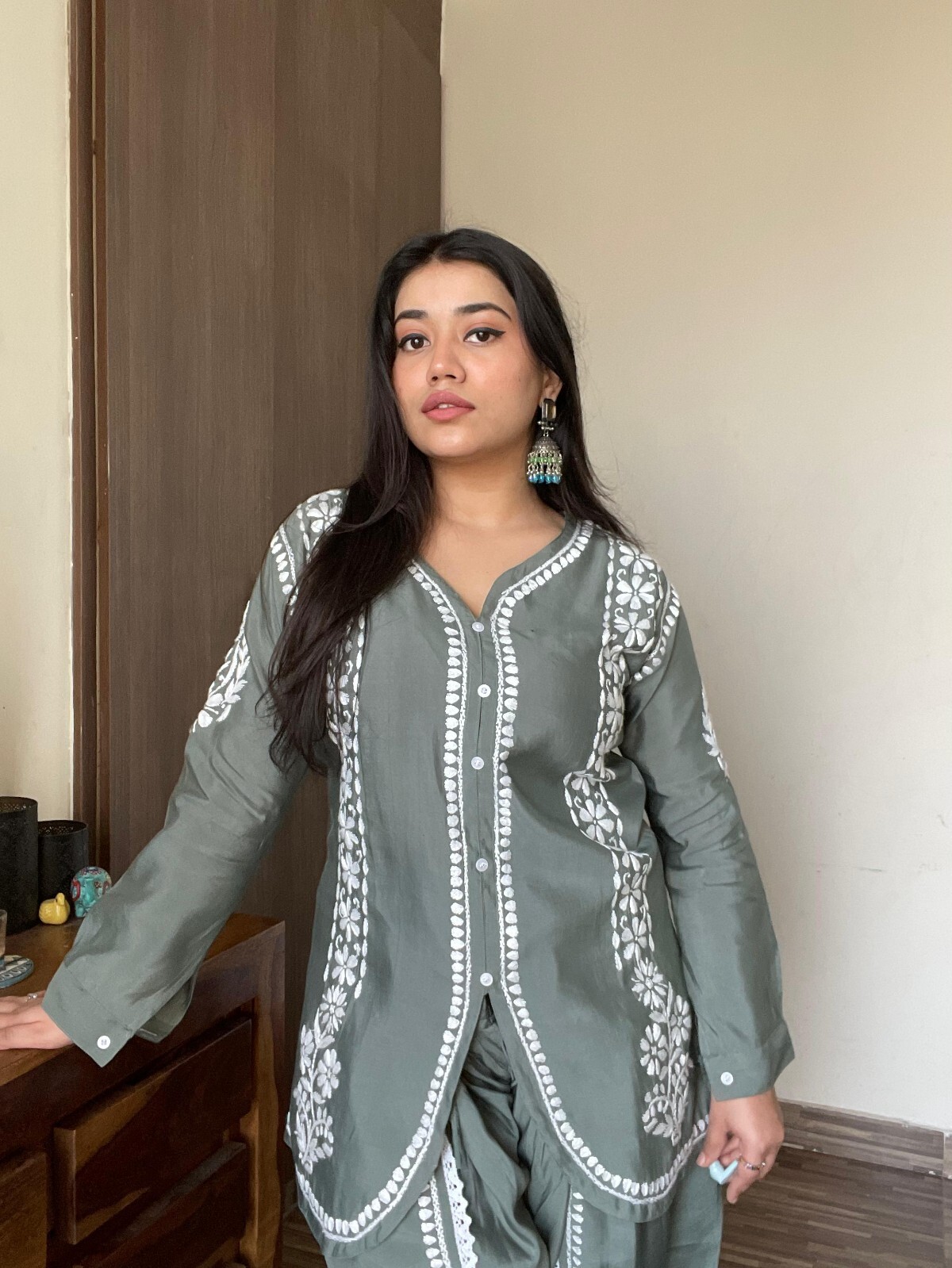 WOMEN CHANDERI SILK COLORED DESIGNER TULIP CORD SET WITH PREMIUM EMBROIDERY