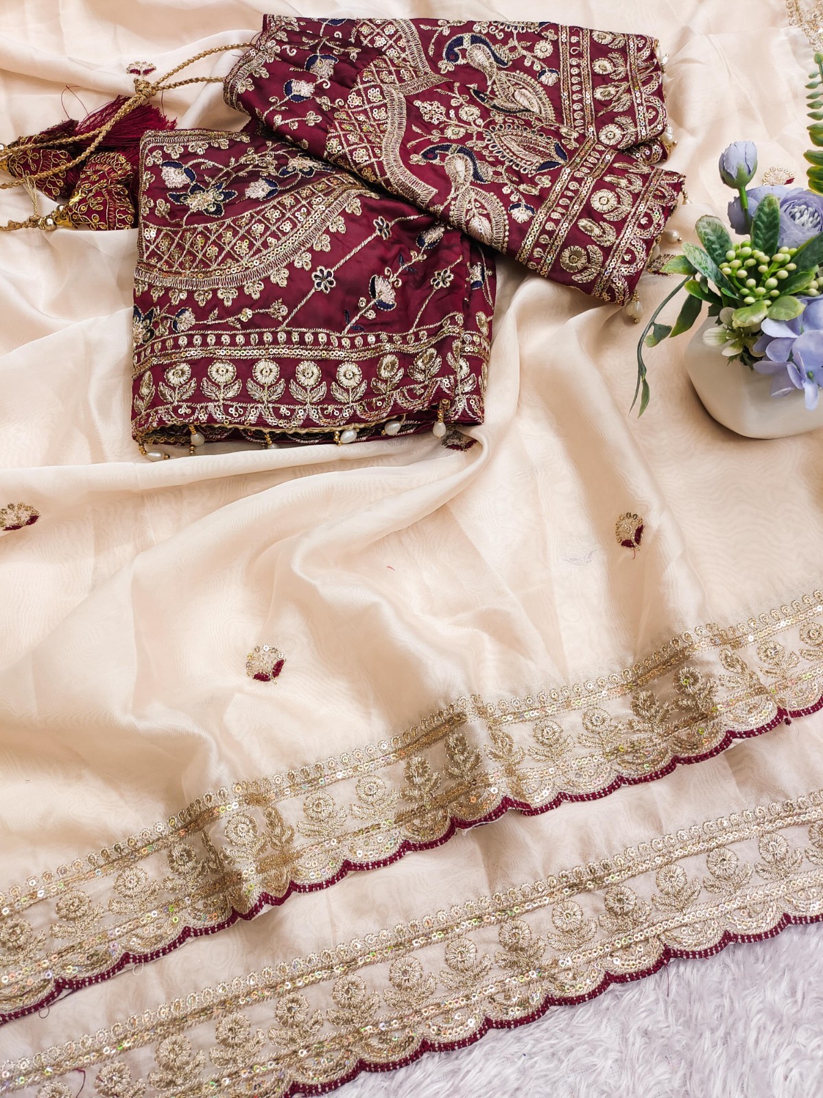 Soft Rangoli Silk Fabric With Sequance and dori Embroidery Work with Real Mirror