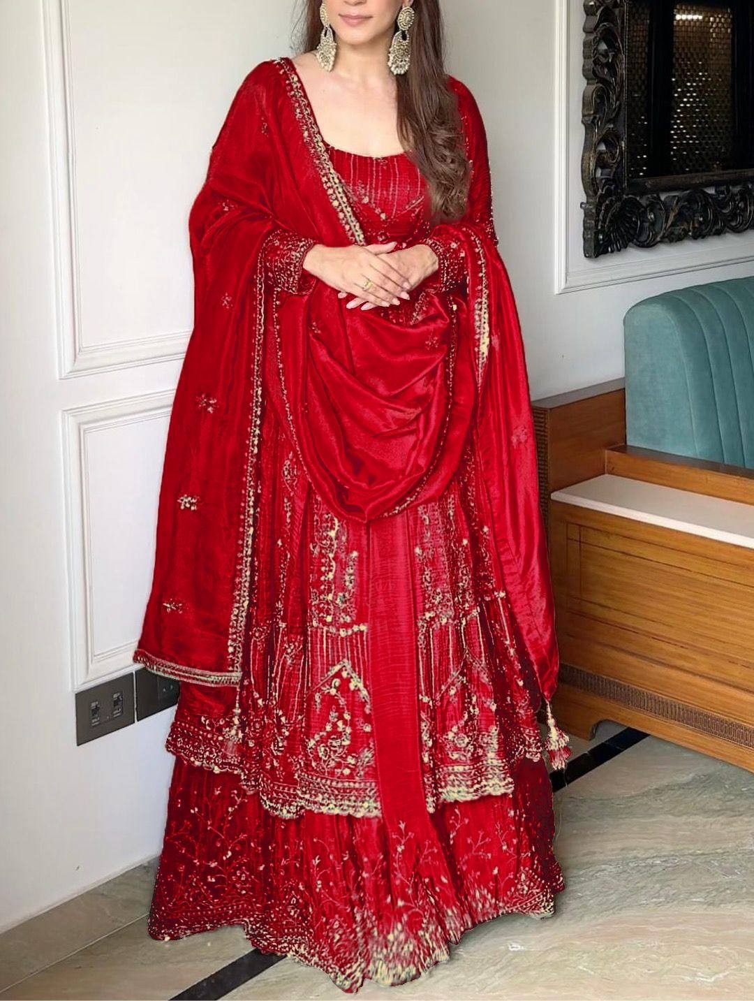 Traditional Wear Red Crunchy Silk Top Lehenga With Dupatta For Women
