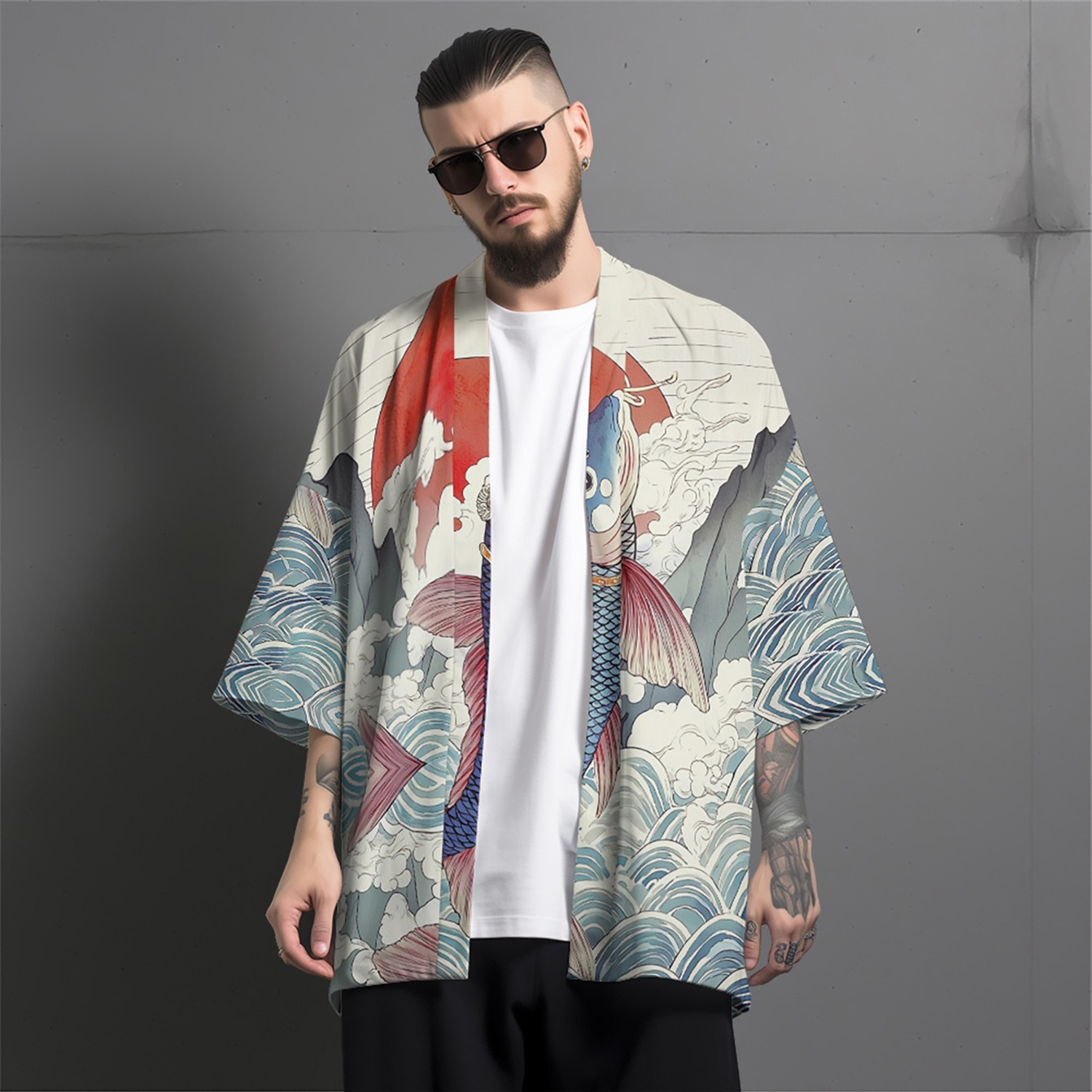 Niepce Men’s Japanese Graphic Lightweight Aqua Nature Kimono Cardigan Shirt Top