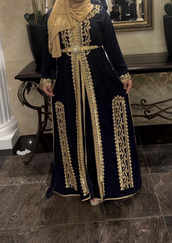 Women’s Kaftan Navy Blue Gold Embroidered Dress Middle Eastern Style