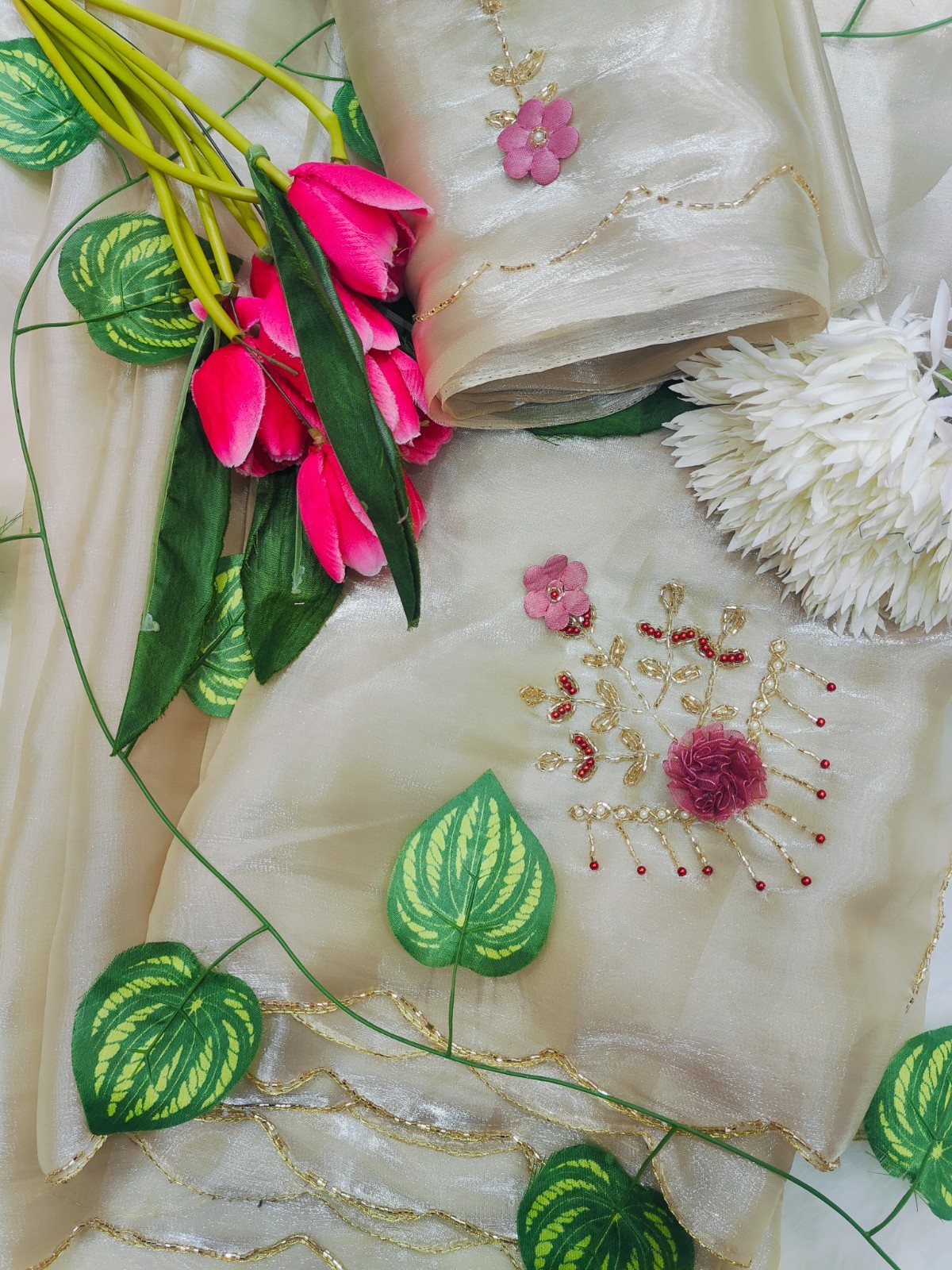 Bollywood Beige Saree Handwork Pearl Embroidery Party Wear Indian Sari