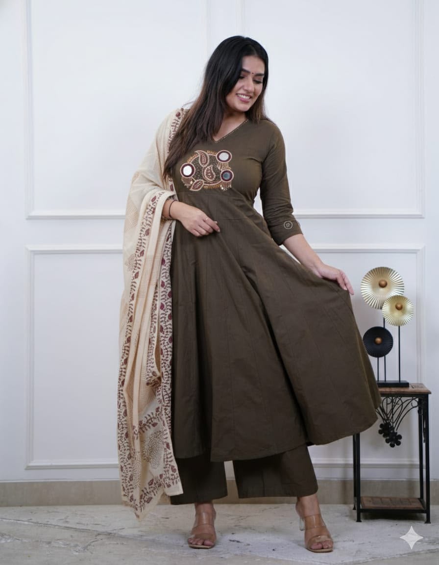 Women’s Olive Green Anarkali Kurta Pant Dupatta Set Cotton Ethnic Suit