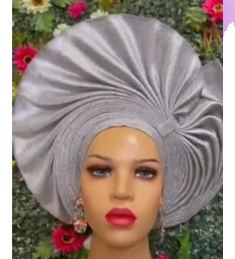 Grey/silver african elegant auto gele made with asooke for women NEW