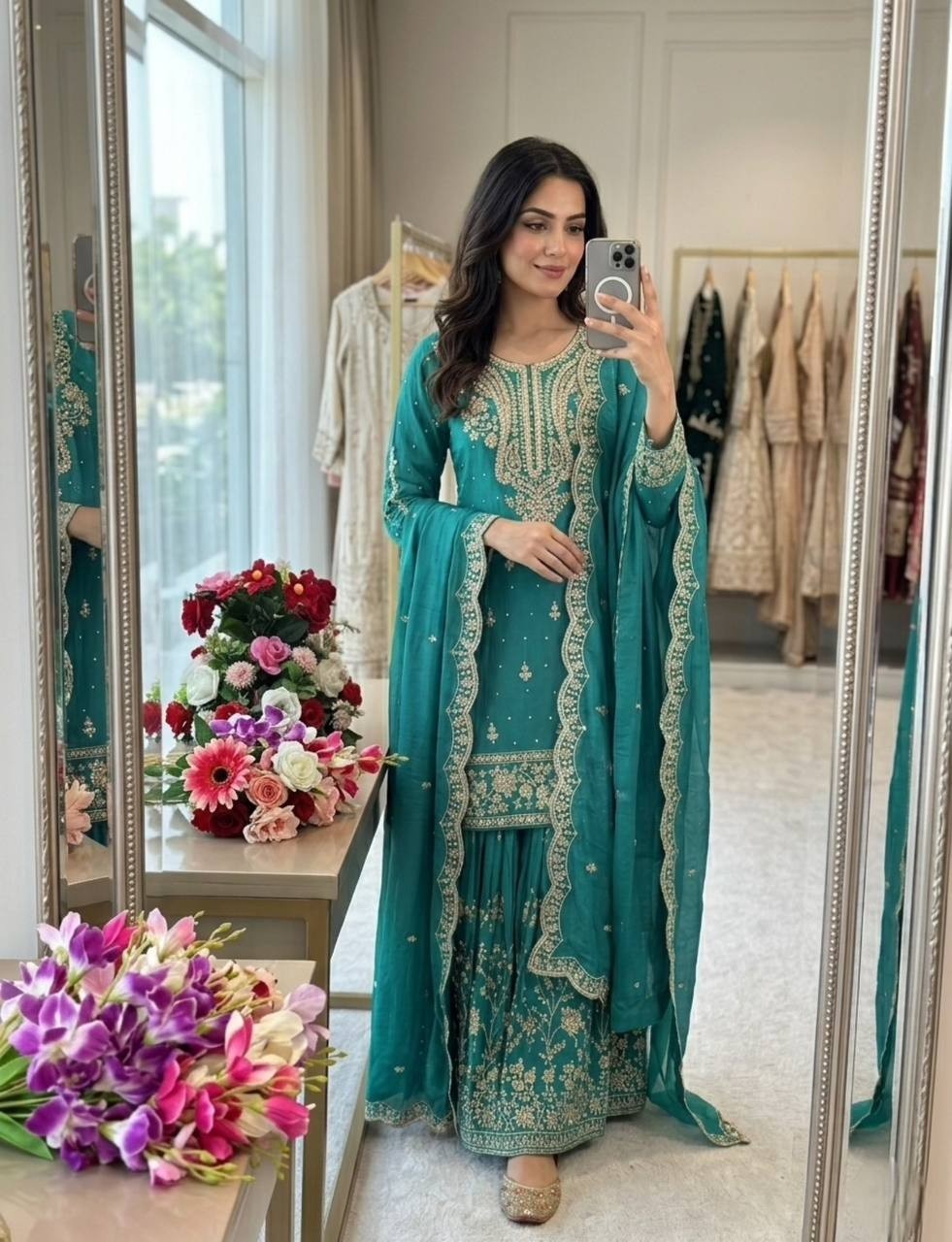 Launching New Heavy Satin Silk Kurta Palazzo With Dupatta For Wedding Wear