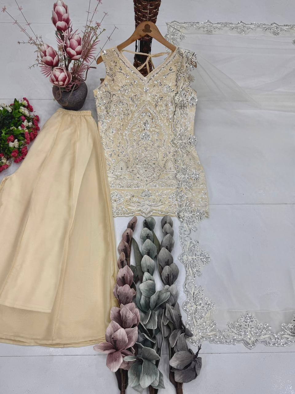 Presenting Star Georgette Cream Top Palazzo With Dupatta For Indian Party Wear