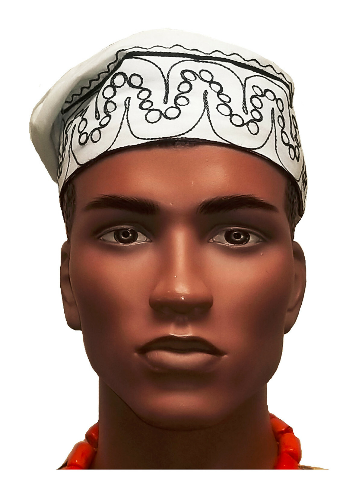 African Off-White Kufi Hat with Black Embroidery-DPH2980