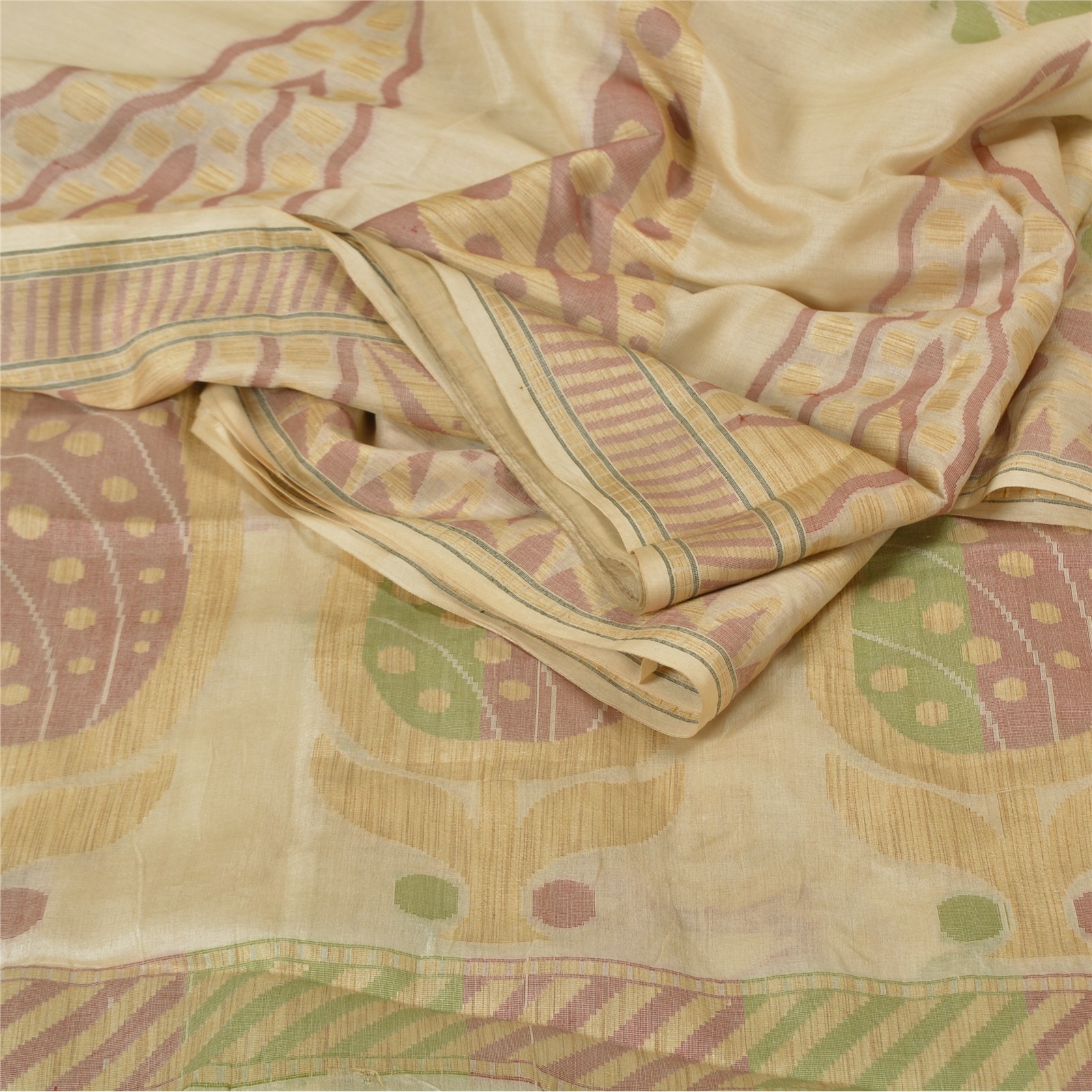 Sanskriti Vintage Ivory Indian Sarees Blend Silk Woven Sari Craft 5 Yard Fabric