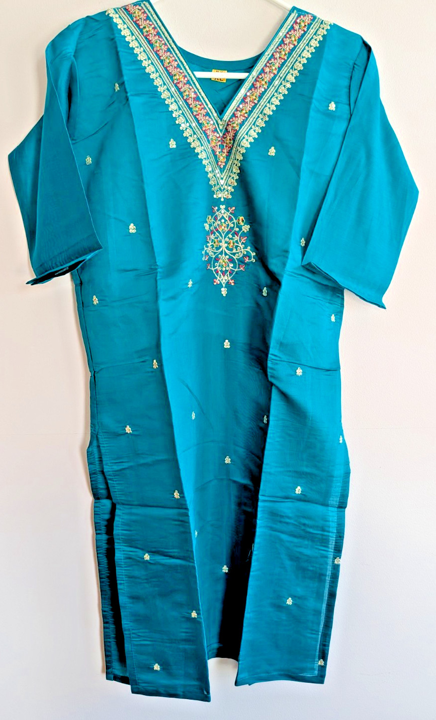 Kurta Kurti Top Tunic Teal Sequin Embroidery V-Neck Silk Party Festive Wear XL