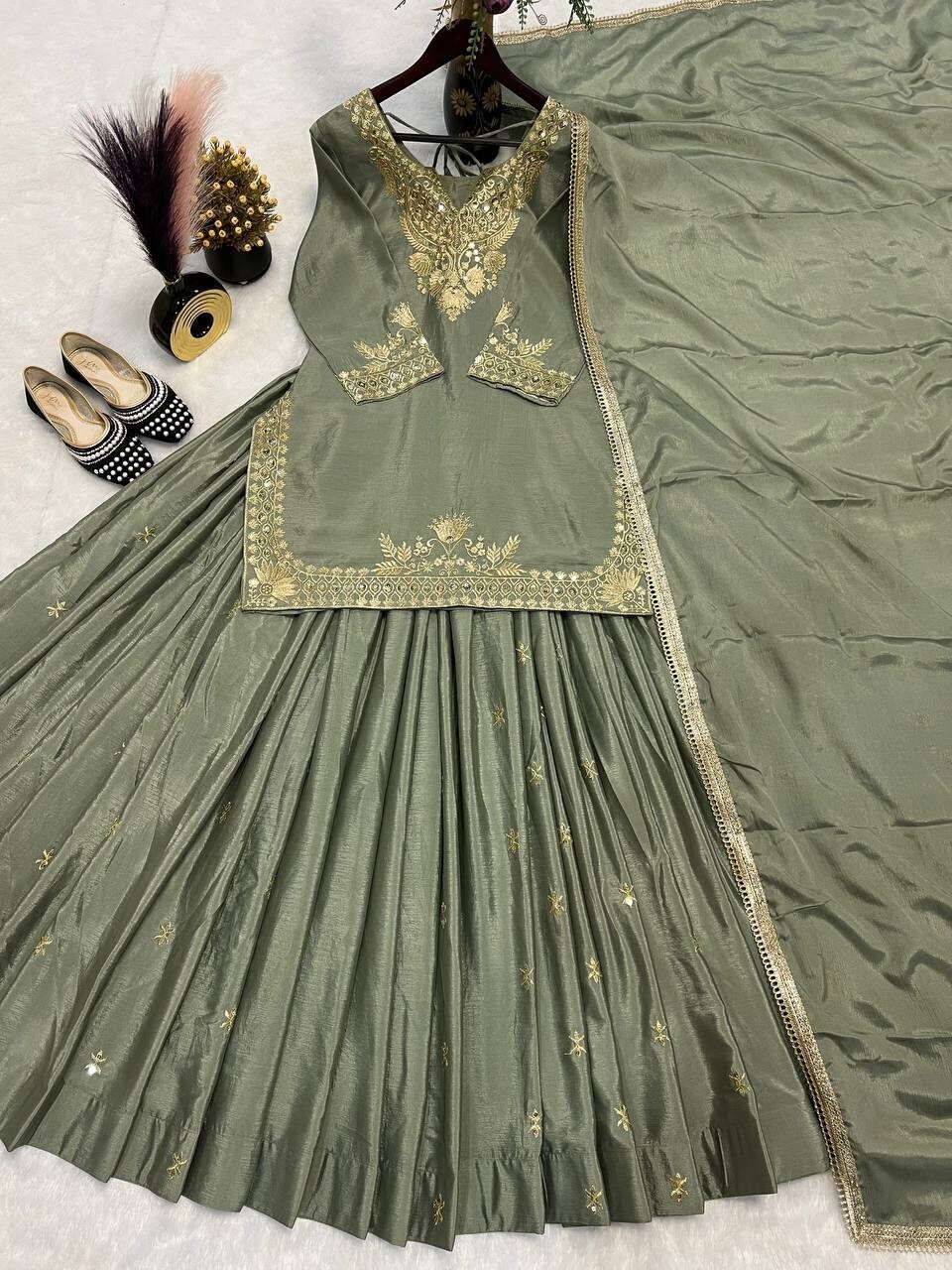 Wedding Wear Teal Green Crepe Silk Top Lehenga With Dupatta For Women & Girls
