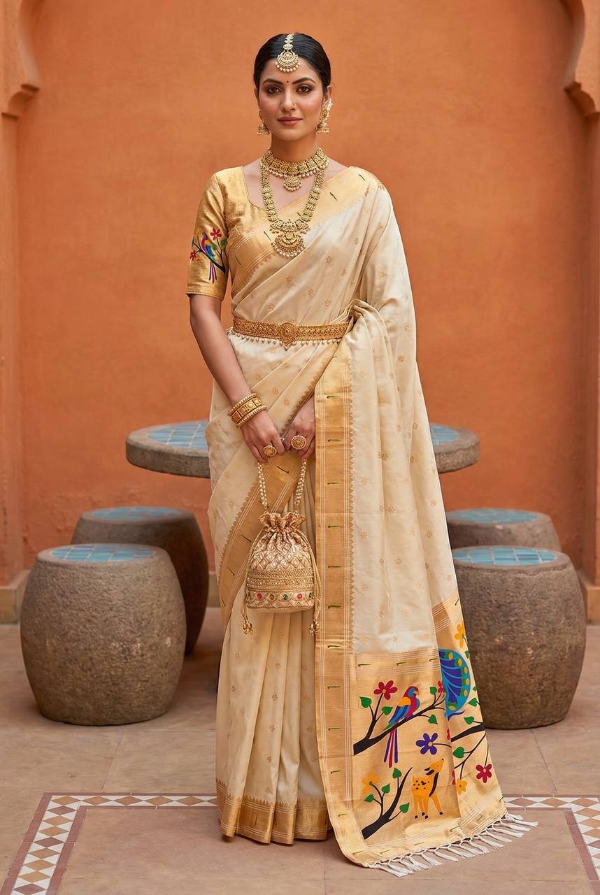 Indian Designer Off-white Wedding Silk Saree With Blouse For Reception & Party