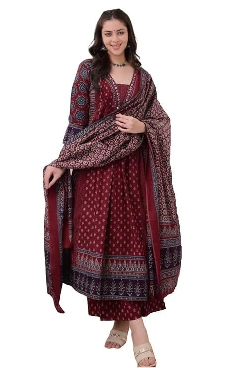 Women’s Rayon Printed Anarkali Kurta and Pant with Dupatta Set