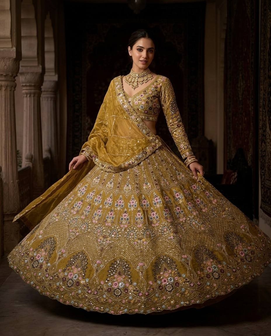 Reception Lehenga Choli Gold Crush Embroidered Sequins Designer Wear