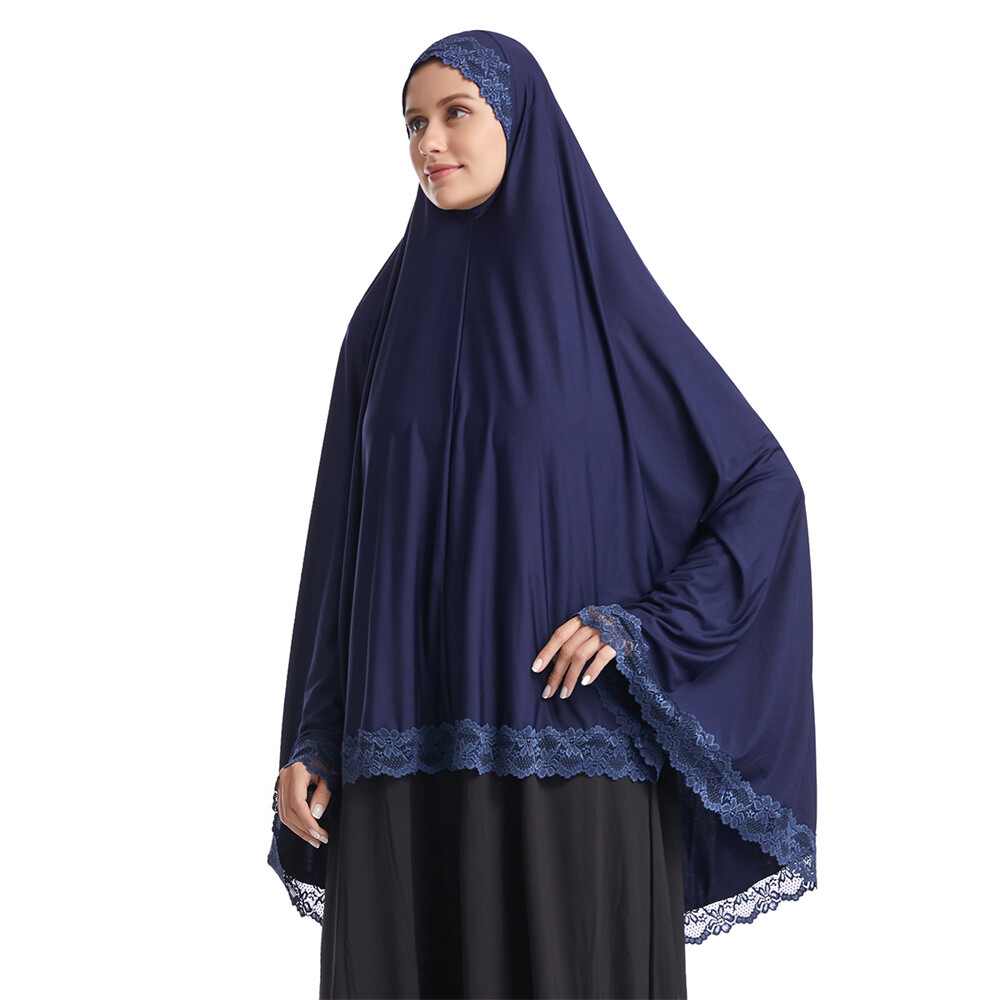 Muslim Women Ramadan Scarf Hijab Islam Prayer Turban Amair Lace Trim Headcover
