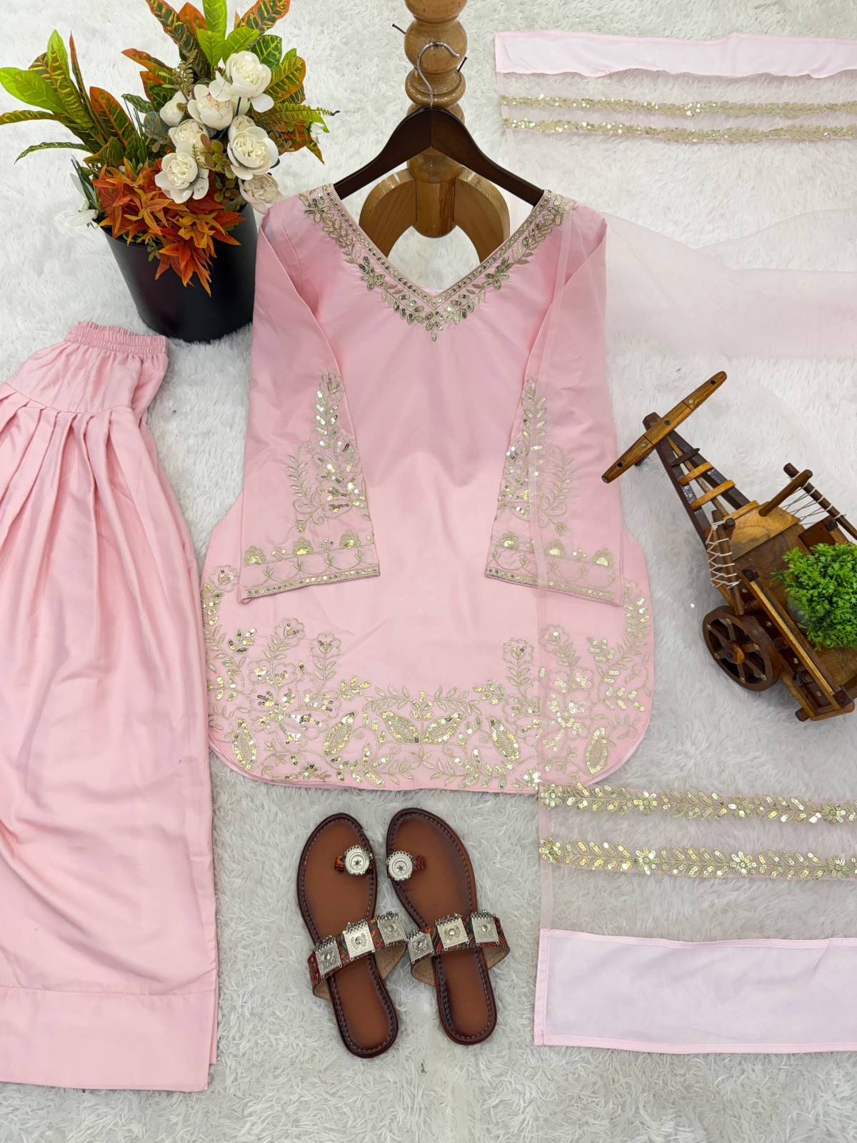 Stunning Pure Natural Crep Silk Pink Top Bottom With Dupatta For Ethnic Wear