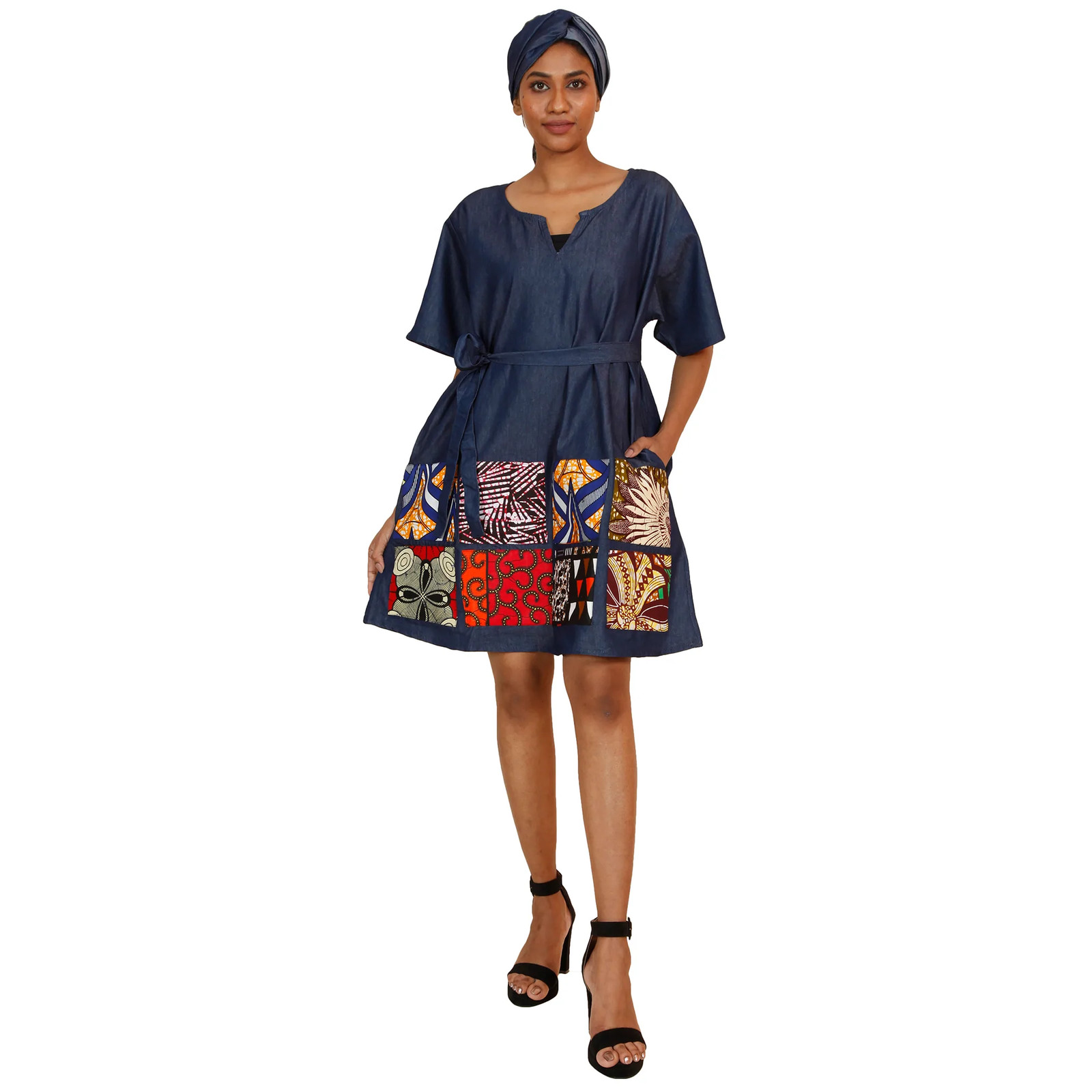 African Women’s Denim Short Sleeve Patchwork Dress – FI-2072