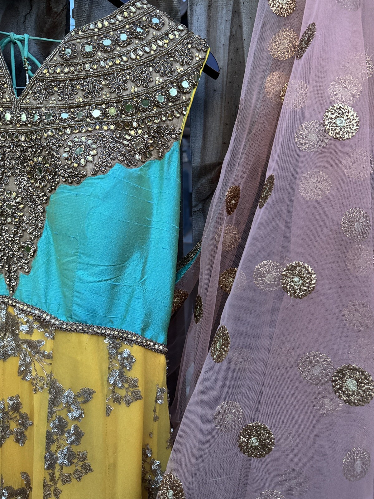 Women’s Anarkali Suit – Yellow & Teal With Peach Pajami/Sequenced – Size S (40)