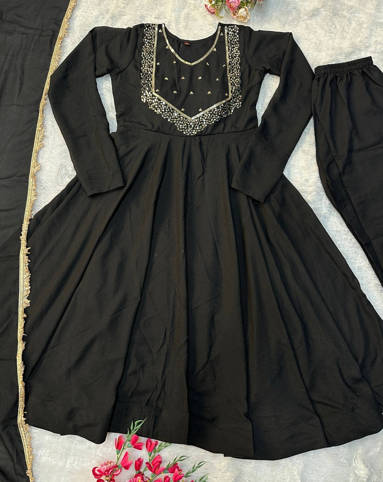 Stylish Look Heavy Star Georgette Black Gown Bottom With Dupatta For Women Wear